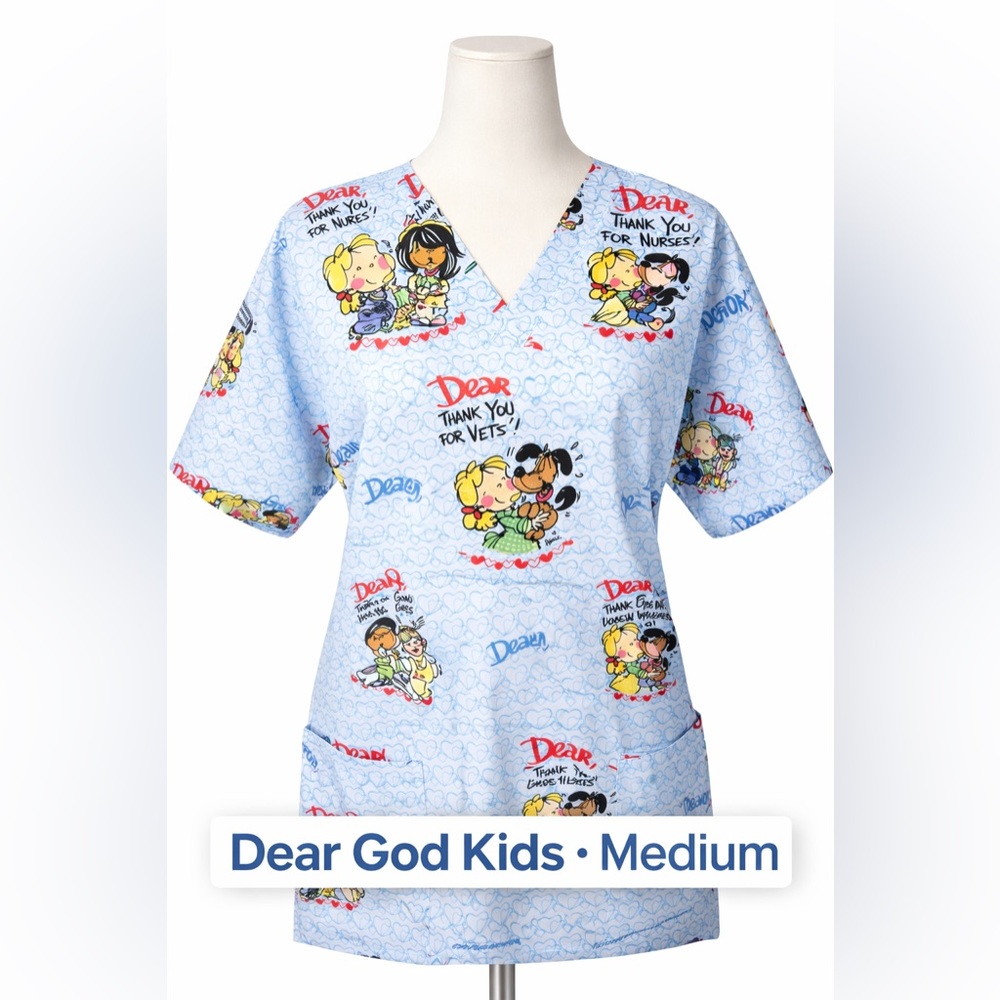 Dear God Kids Scrub Top Medium Blue Nurse Doctor Print V-Neck
